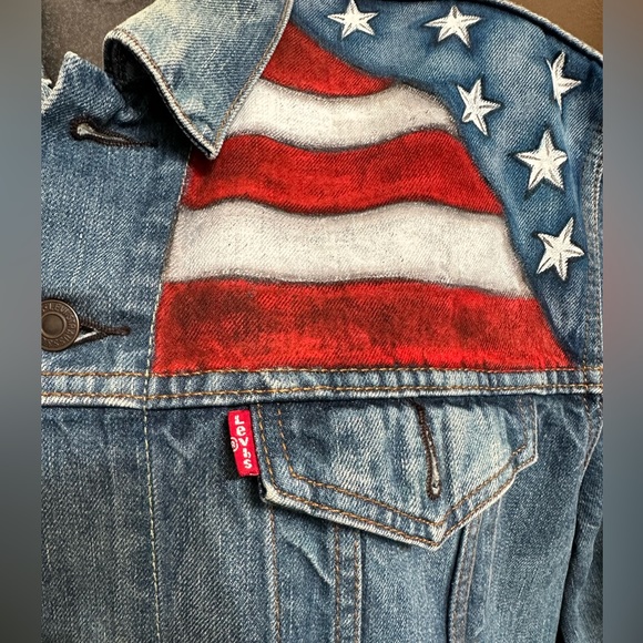 Levi’s Men’s sz XL denim jean jacket handpainted American Eagle Flag July 4th - Picture 5 of 9